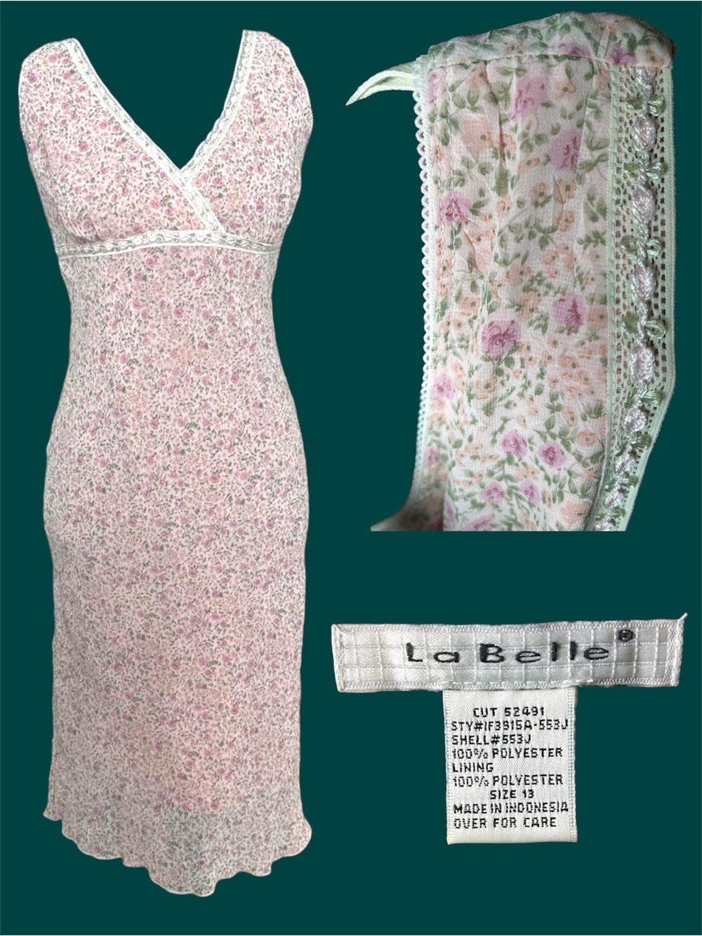 Y2K La Belle Pink & Cream Floral Lace-Trim Slip Dress cottagecore whimsical